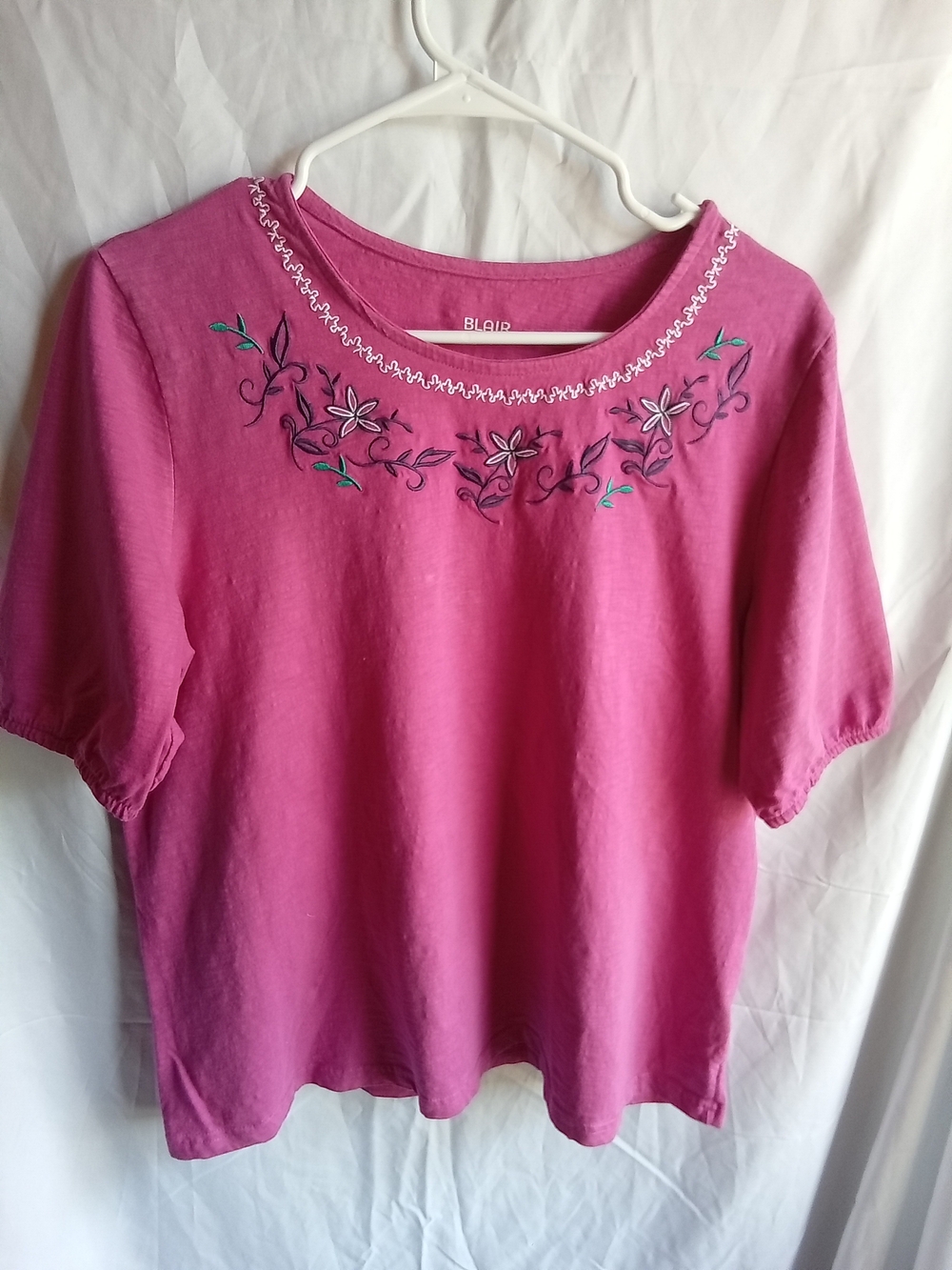 Blair Magenta Short Sleeve Embroidered Neck Top L